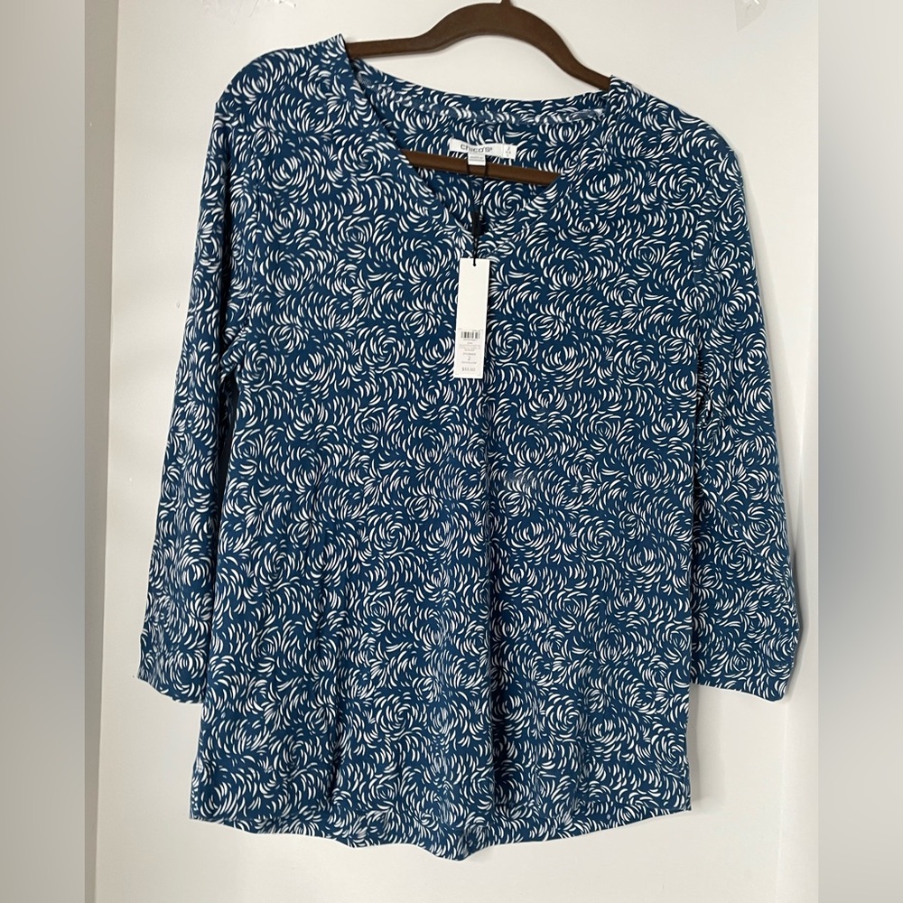 Chico's Blue and White Swirl-Print 3/4 Sleeve Tunic Sz L NWT